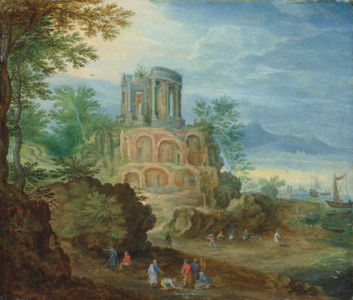 A coastal capriccio of the Temple of the Sybil at Tivoli with fishermen selling the day’s catch on the shore