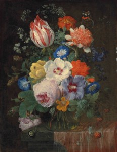Peonies, carnations, morning glory, a Semper Augustus tulip and other flowers in a glass vase, with a snail, a butterfly, a dragonfly and other insects on a partially-draped ledge