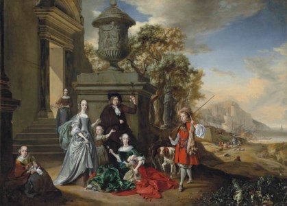 A group portrait of an elegantly dressed family by a classical building, with a boy approaching, holding game and a rifle, a coastal landscape beyond