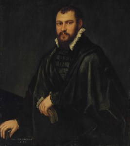 Portrait of a gentleman, three-quarter-length, in a black doublet and cape, holding a pair of gloves in his left hand, his right hand on a table