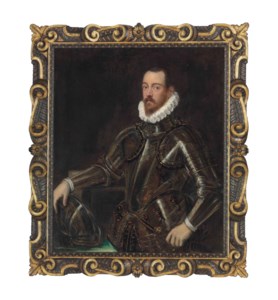 Portrait of a gentleman, three-quarter-length, in a suit of armour etched with gold, his right hand resting on his helmet