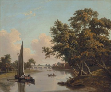 A view of Richmond Bridge on the River Thames, with figures boating in the foreground