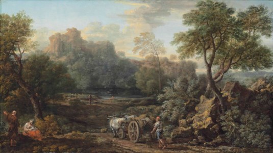 A wooded river landscape with a farmer and his ox-drawn cart on a path