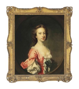 Portrait of Lady Anne Brudenell (d. 1786), half-length, in a pink dress with cuffed sleeves and pearls in her hair, in a painted oval