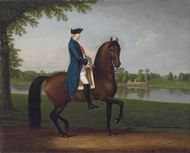 Equestrian portrait of Prince William Augustus, Duke of Cumberland (1721-1765), full-length, mounted on his bay charger, in a blue coat, white breeches, black hat and the sash of the Order of the Bath, a view of the River Thames beyond