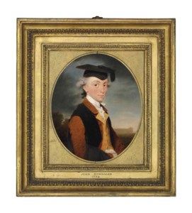 Portrait of Charles Chadwick (1753-1829), half-length, in a brown coat, yellow waistcoat and gown, wearing a mortar board, Emmanuel College, Cambridge beyond