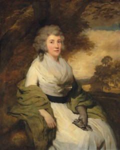 Portrait of Henrietta, Mrs. John Parish (1745-1810), three-quarter-length, seated in a landscape, wearing a white dress with a green shawl and gloves