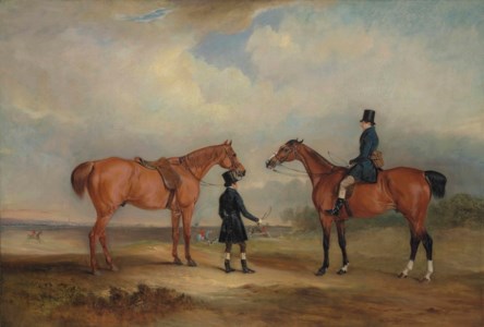 Two gentlemen, one leading a chestnut hunter, the other on a bay hunter, in an extensive landscape with a hunt, a church spire beyond