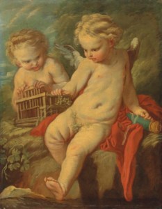 Two putti with an open bird-cage and a quiver