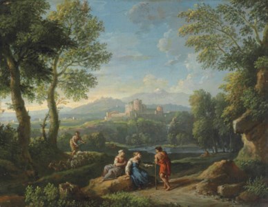 An extensive wooded river landscape with travellers resting by a path and a shepherdess herding goats and sheep, a fortified town beyond