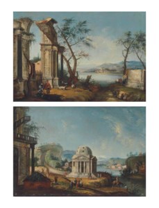 A capriccio of classical ruins with travellers and goats by a river, a town beyond; and An architectural capriccio with a temple and elegantly dressed figures by a river