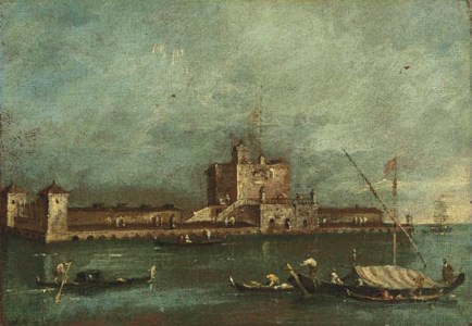 View of the Fort of S. Andrea, Venice, with gondolas in the foreground