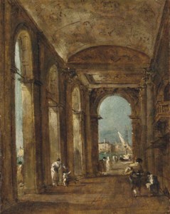 Interior of a colonnade, Venice, with figures conversing and boats on the canal beyond