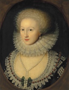 Portrait of a lady, bust-length, in a black dress with a reticella lace neckline and a cartwheel ruff, with a pearl necklace and earrings, in a feigned oval