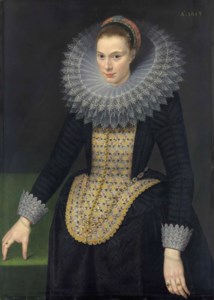 Portrait of a lady, three-quarter-length, in a black vlieger brocade gown, with an elongated embroidered stomacher, lace-trimmed cuffs and a cartwheel ruff trimmed with reticella lace