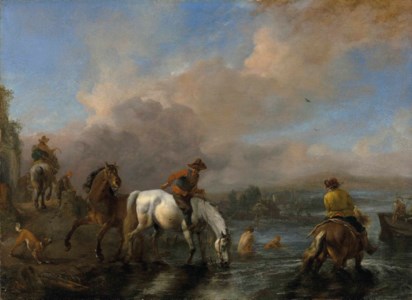 A river landscape with riders watering horses