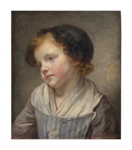 Jean-Baptiste Greuze, A young girl, bust-length, in a blue and white striped pinafore with grey sleeves and a black lace bonnet