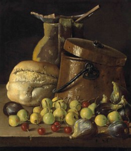 Luis Meléndez, An earthenware pitcher and copper pail, with a bread roll, figs, quinces and cherries on a stone ledge