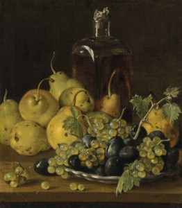 Luis Meléndez, Grapes and plums on a plate, with pears and a glass bottle on a wooden ledge