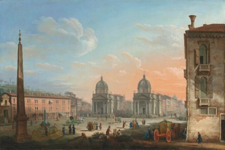 The Piazza del Popolo, Rome, looking towards the churches of Santa Maria di Montesanto and Santa Maria dei Miracoli