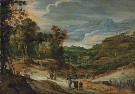 A wooded landscape with cottages, figures picking apples, mountains beyond