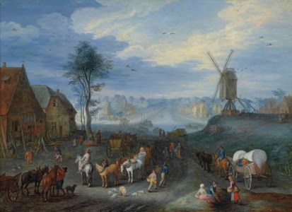 A village with a windmill, figures with horsedrawn carts in the foreground, a canal and a church beyond