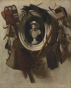 A trompe l'oeil of gaming equipment, with nets, falconry hoods, bird cages, a hunting horne and a glove, hanging on a wall, with a bust in a sculpted niche