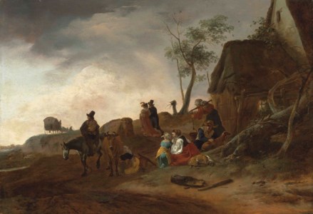 A wooded landscape with a traveller on horseback, a milkmaid and peasants by a cottage, an elegant couple and a carriage beyond