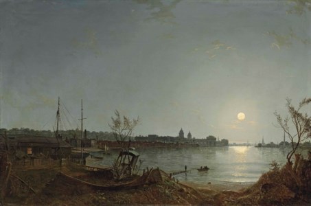 A view of Greenwich Reach from the Thames by moonlight, with the Hospital, Enderby House and the Telegraph House
