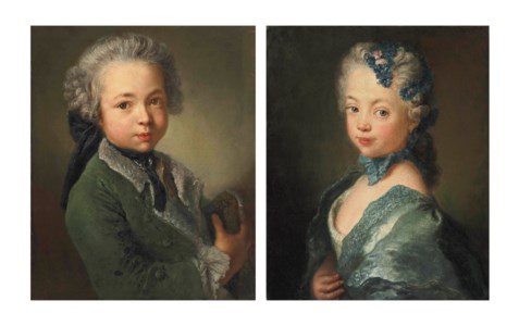 Portrait of the artist's grandson, bust-length, in a fur-lined green coat, holding a tricorne; and Portrait of the artist's granddaughter, bust-length, in a white dress with a blue mantle, a blue ribbon and a flowered headdress