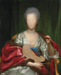 Portrait of Mariana de Silva y Sarmiento, duquesa de Huescar (1740-1784), half-length, in a white dress and fur-lined wrap, holding a ring and a key, a draped curtain beyond -- unfinished