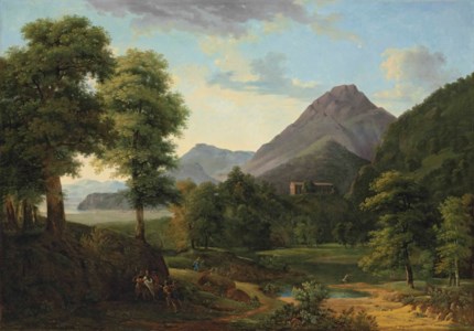 A wooded, mountainous landscape with soldiers capturing a centurion and a figure escaping by a river