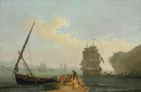 A mediterranean bay with figures unloading a man-o'-war, figures playing cards in the foreground, other vessels beyond