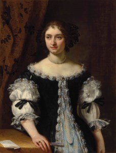 Portrait of Maria Maddalena Rospigliosi Panciatichi (1645-1695), half-length, in a black surcote trimmed with silver embroidery over a brocade gown, holding a fan, by a draped table with a letter