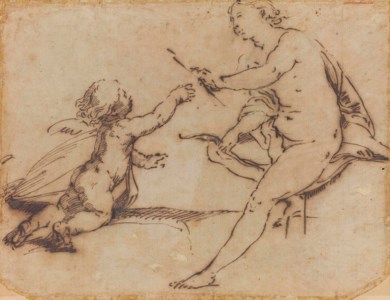 Cupid pleading with Venus for his bow and arrows