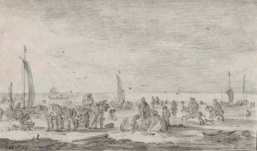 A beach scene, with peasants on the shore and boats in the background