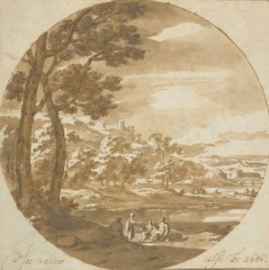 Figures in an Italianate river landscape
