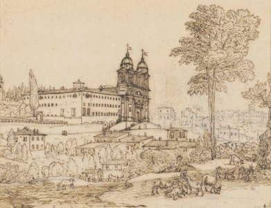 The Church of Santissima Trinità dei Monti, Rome, a goatherd resting with his herd in the foreground