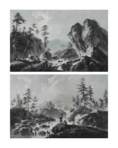 Figures on the bank of a rocky stream with fir trees; And fishermen on the bank of a rocky stream with fir trees
