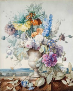 A bunch of flowers in an alabaster vase on a stylobate, a hilly landscape behind