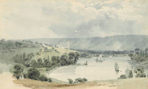 View on the Seine with the ruins of Jumièges Abbey beyond, France