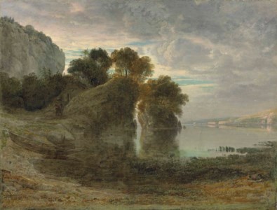 A rocky coastal bay with a boat moored in the foreground