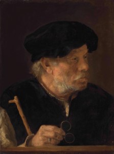 A man, bust-length, holding a cane and his spectacles, by a wooden ledge