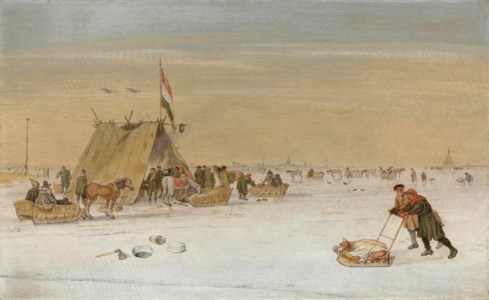 A winter landscape with figures on the ice by a koek-en-zopie tent