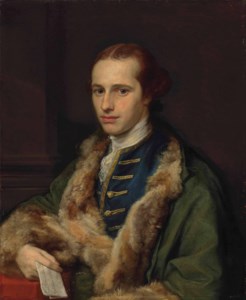 Portrait of the Rev. Thomas Kerrich (1748-1828), in an embroidered blue waistcoat and fur-lined green coat, holding a letter in his right hand, by a column