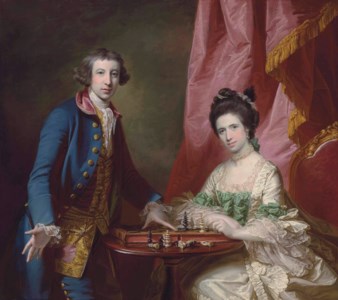 Portrait of William Earle Welby (c. 1734-1815), of Denton, Lincolnshire and his first wife, Penelope (1737-1771), playing chess, before a draped curtain