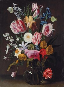 Tulips, daffodils, irises and roses in a glass vase with butterflies and other insects on a ledge
