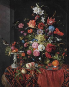 Jan Davidsz. de Heem, Flowers in a glass vase on a draped table, with a silver tazza, fruit, insects and birds