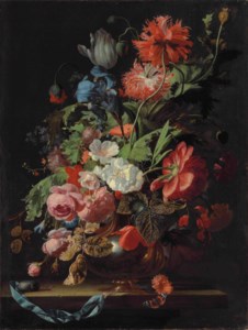 Roses, tulips, carnations, poppies, daisies, morning glories, an iris and other flowers in a silver vase on a stone ledge with a pocketwatch and a key tied to a blue ribbon