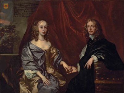 Double portrait said to be of Francis Lennard, 14th Baron Dacre (1619-1692), and Elizabeth, née Bayning, later Countess of Sheppey (1625-1686), three-quarter-length, the former in a black cloak, the latter in an oyster dress and blue wrap fastened with a brooch, seated before a red draped curtain, a wooded landscape beyond